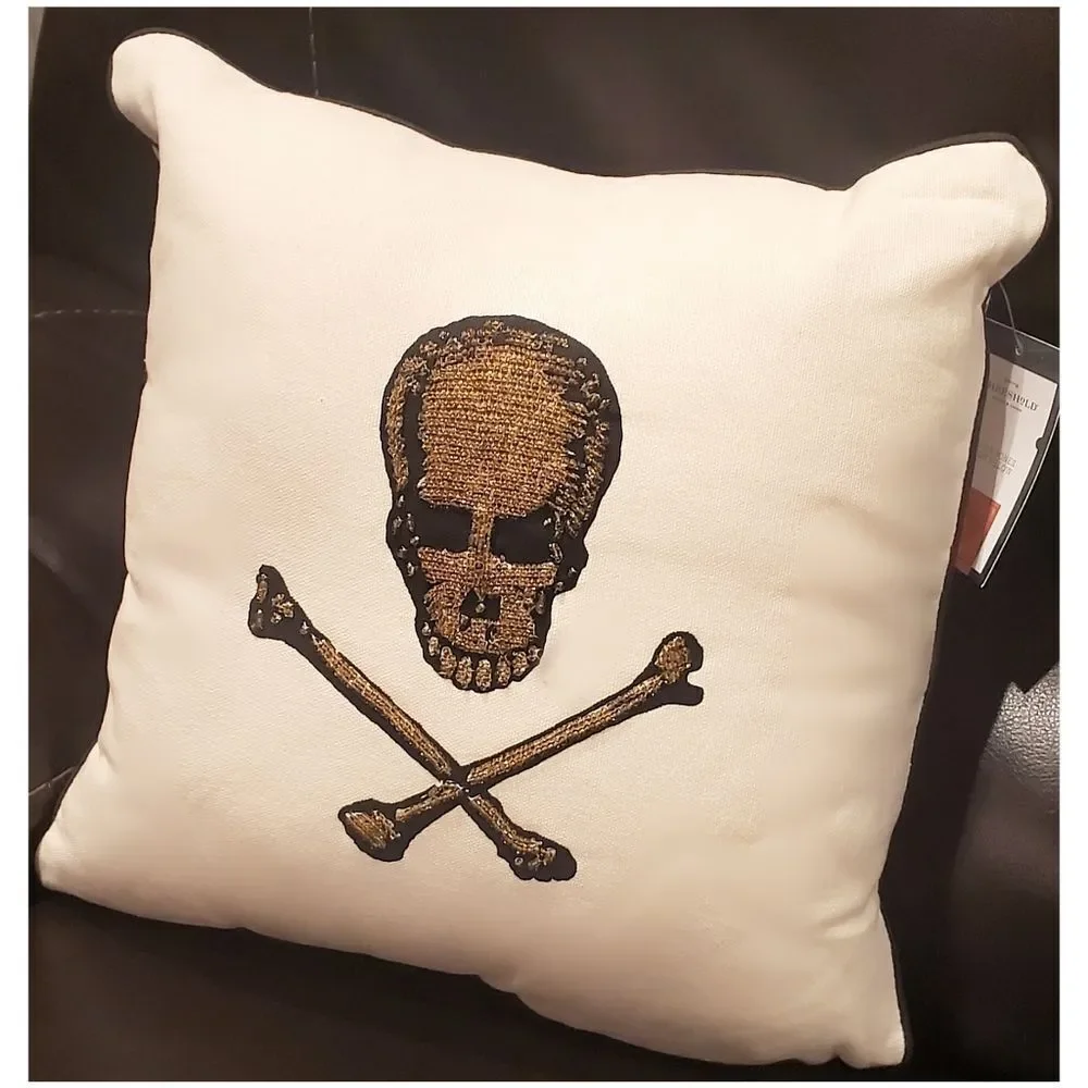 John Derian Beaded Gold Beaded Skull Pillow